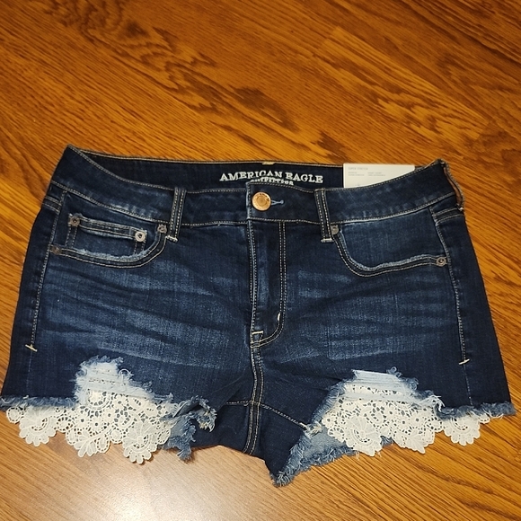 American Eagle Outfitters Dark Blue Jean Shorts with White Lace Trim - Picture 1 of 5